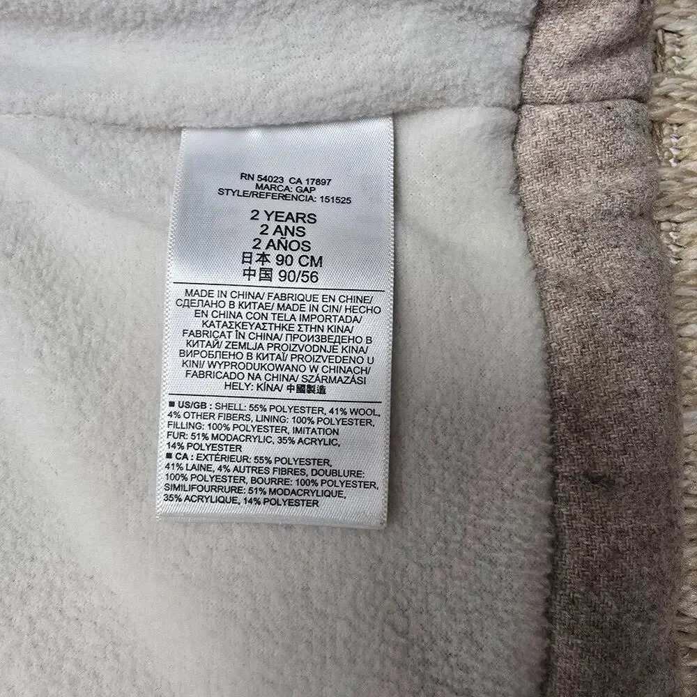 Baby Gap 2T Baby Girl Winter Wool Hooded Fur Puffer Zippered Vest Khaki